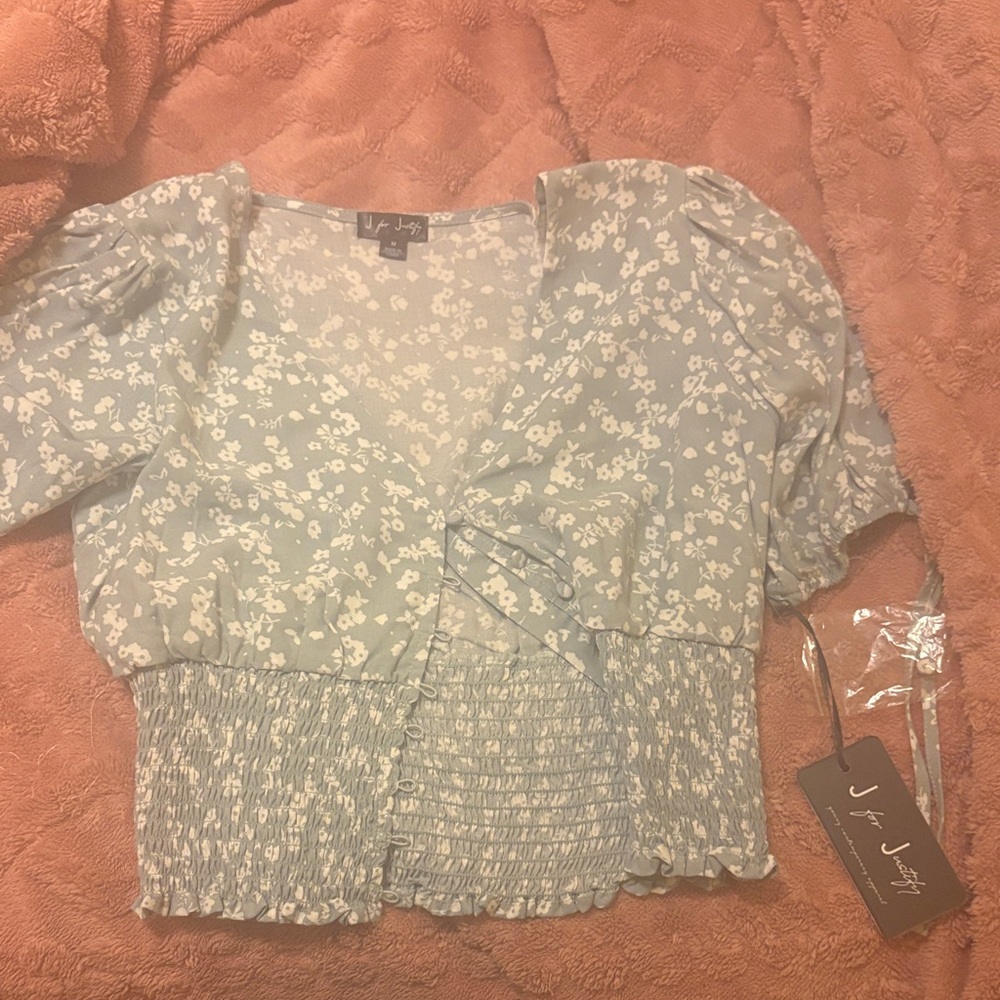 JF J. FERRY Floral Smocked Waist Puff Sleeve Crop Top - Light Blue